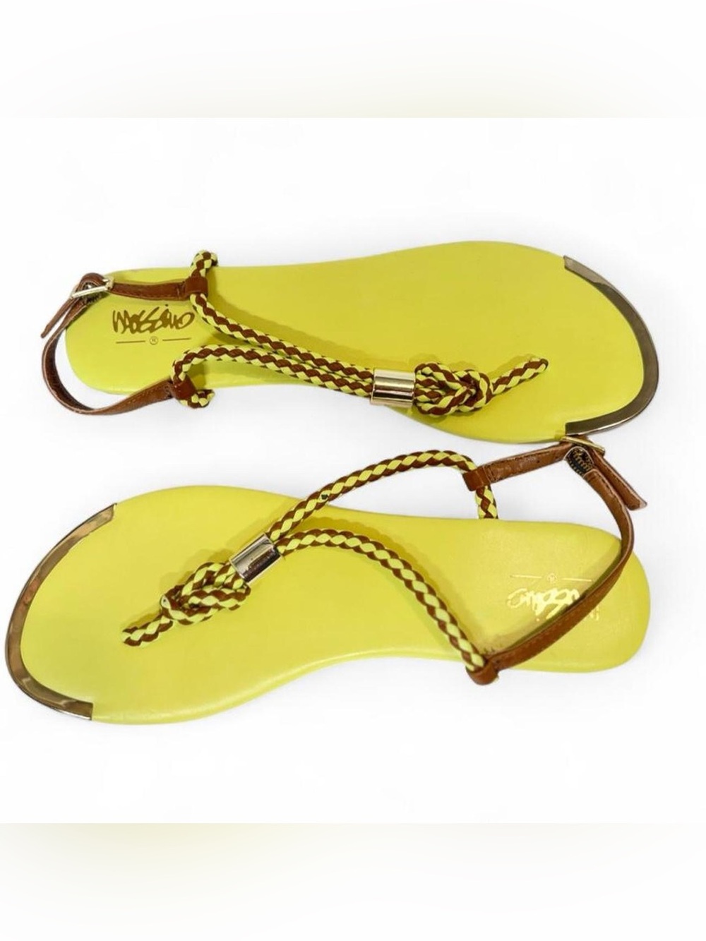 Mossimo Braided T-Strap Thong Sandals Neon Yellow & Brown NWT Size 8